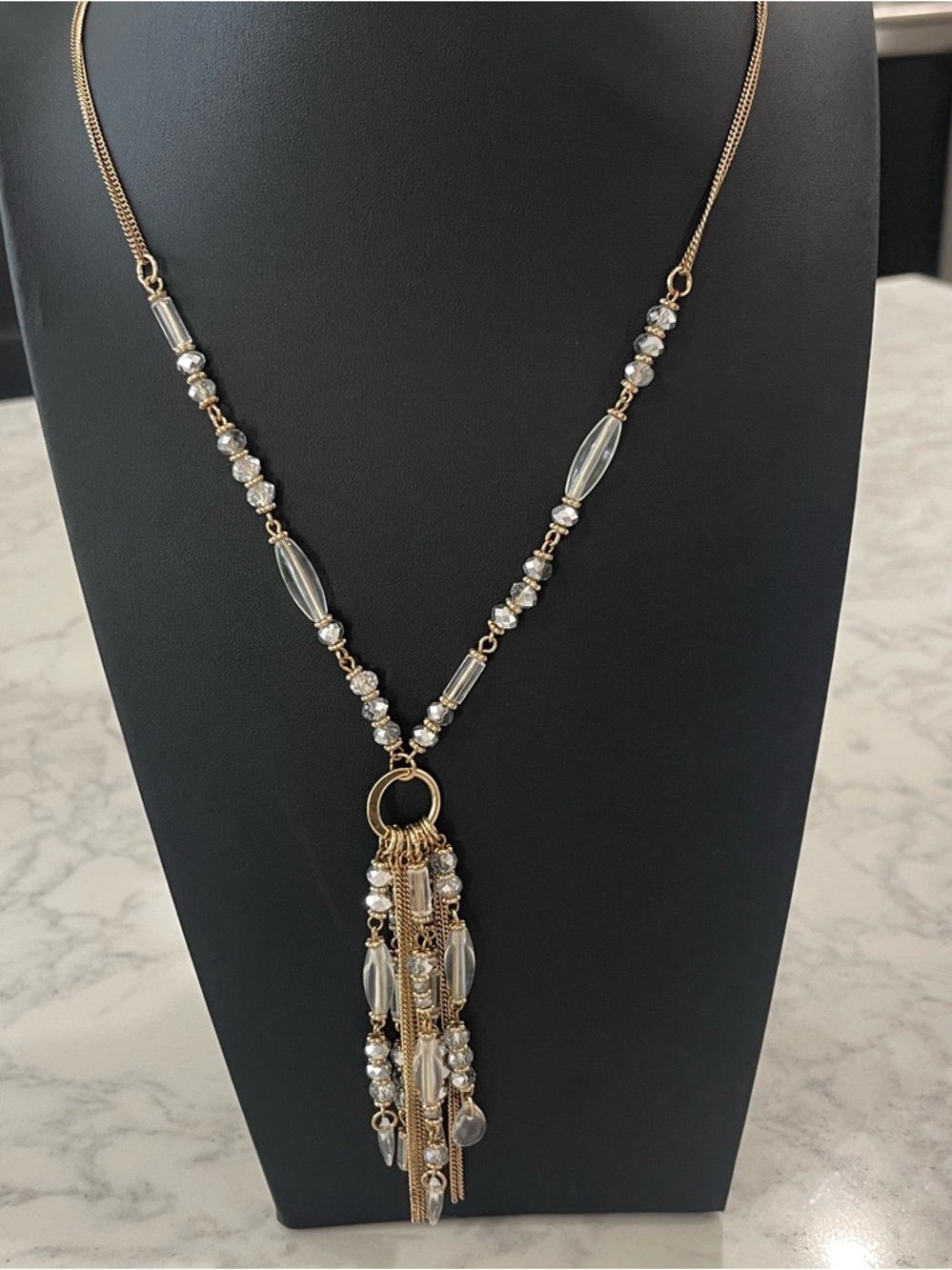 Erica Lyons Gold-Tone Beaded Tassel Necklace with Clear and Gold Accents